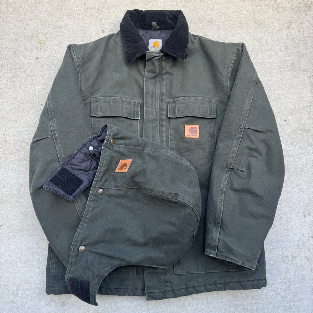 Carhartt C26 MOS Sandstone Coat Moss Green Quilt Lined Mens Medium WITH HOOD